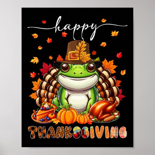 Happy Thanksgiving Frog Costume Turkey Fall Leaves ポスター (正面)