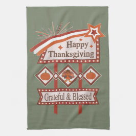 Happy Thanksgiving Grateful & Blessed Retro Sign キッチンタオル