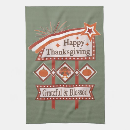 Happy Thanksgiving Grateful & Blessed Retro Sign キッチンタオル (縦)