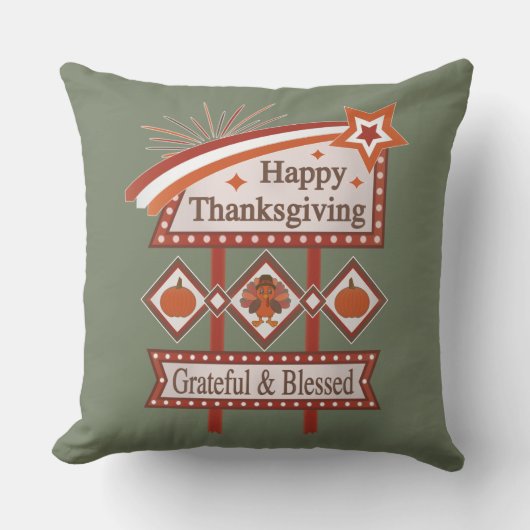 Happy Thanksgiving Grateful & Blessed Retro Sign クッション (正面)