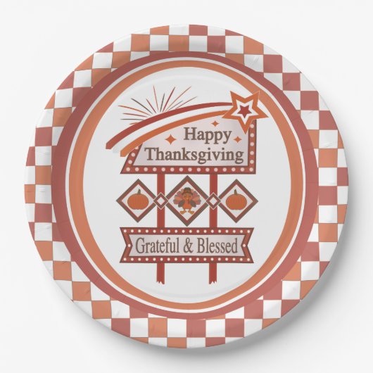 Happy Thanksgiving Grateful & Blessed Retro Sign ペーパープレート (正面)