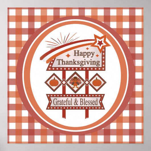 Happy Thanksgiving Grateful & Blessed Retro Sign ポスター (正面)