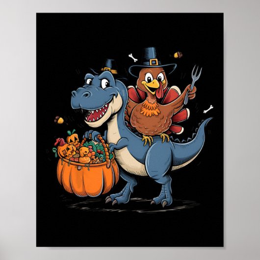 Happy Thanksgiving Kids Funny Turkey Riding T Rex  ポスター (正面)