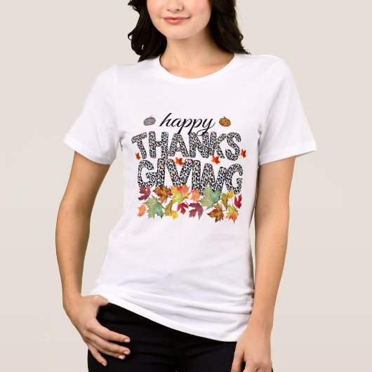 Happy Thanksgiving Leopard Print & Fall Leaves Tee トライブレンドＴシャツ (正面)