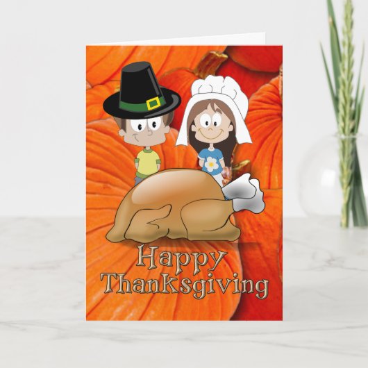 Happy Thanksgiving - Pilgrim Kids - Turkey シーズンカード (正面)