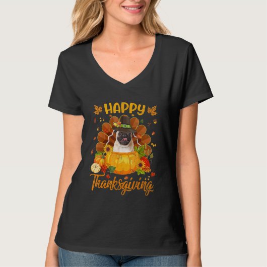 Happy Thanksgiving Pug Dog Turkey Pumpkin Tシャツ (正面)