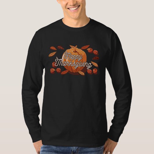 Happy Thanksgiving Pumpkin With Autumn Leaves Tシャツ (正面)