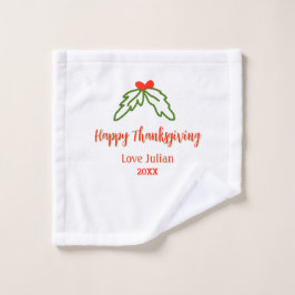 Happy Thanksgiving red green leaves cherry name ye ウォッシュタオル