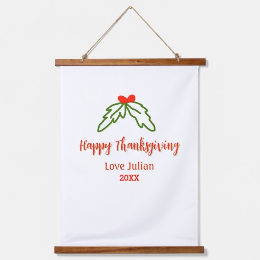 Happy Thanksgiving red green leaves cherry name ye 吊り下げ型タペストリー (正面)