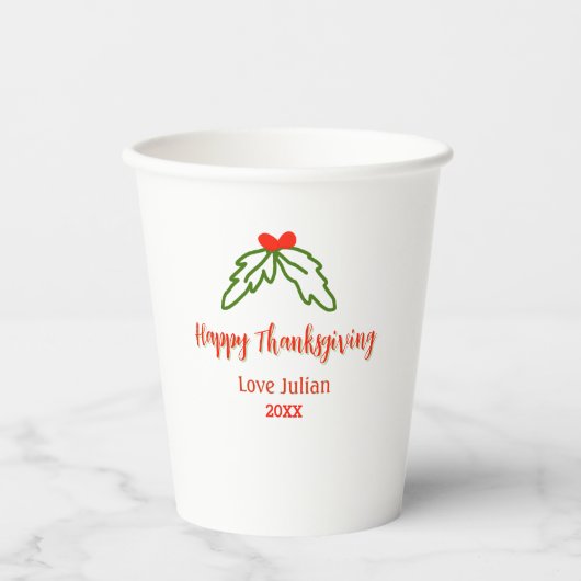 Happy Thanksgiving red green leaves cherry name ye 紙コップ (正面)