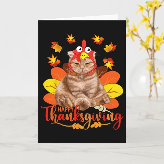 Happy Thanksgiving Tee Cat Turkey Christmas Day Te カード (黄色い花)
