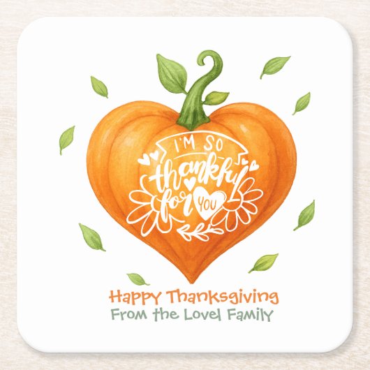 Happy Thanksgiving Thankful Heart Pumpkin  スクエアペーパーコースター (正面)
