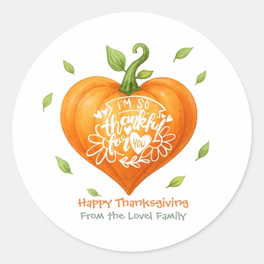 Happy Thanksgiving Thankful Heart Pumpkin  ラウンドシール (正面)
