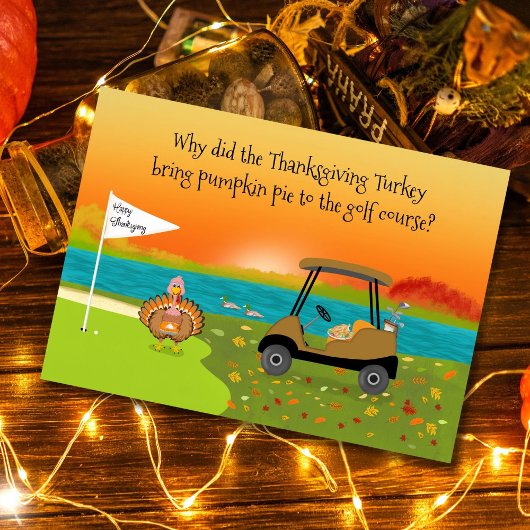 Happy Thanksgiving Turkey on Golf Course With Pie  カード