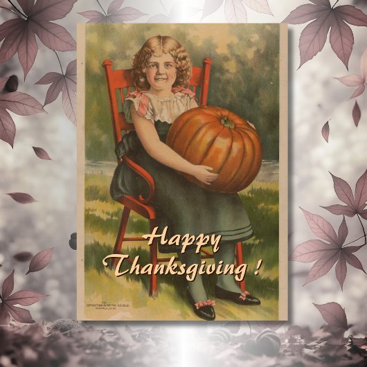 Happy Thanksgiving | Vintage Girl with Pumpkin カード
