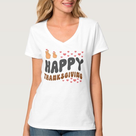 Happy Thanksgiving with Korean Fingerハート Tシャツ (正面)