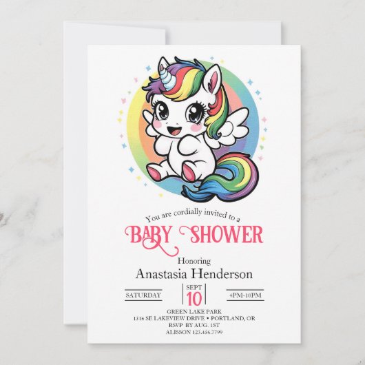 Happy Unicornよくはしゃぐ Baby Shower 招待状 (正面)