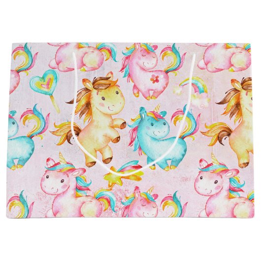 Happy Unicorns Pattern-Unicorn Love in Pink ラージペーパーバッグ (正面)