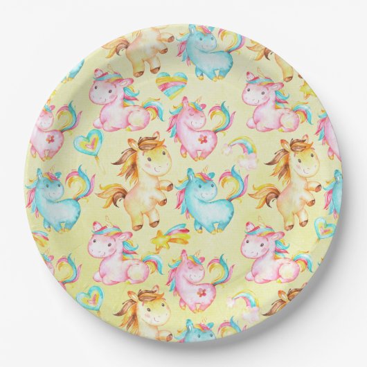 Happy Unicorns Pattern-Unicorn Love in Yellow ペーパープレート (正面)