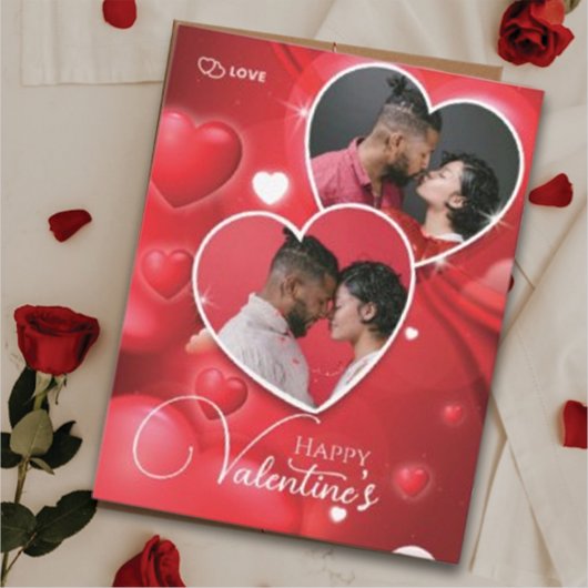 Happy Valentineの2つのフォトコラージュ赤いハート シーズンカード