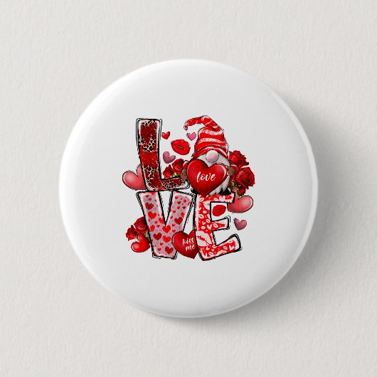 Happy Valentine Gnome Heart Valentine's Day Couple 缶バッジ (正面)