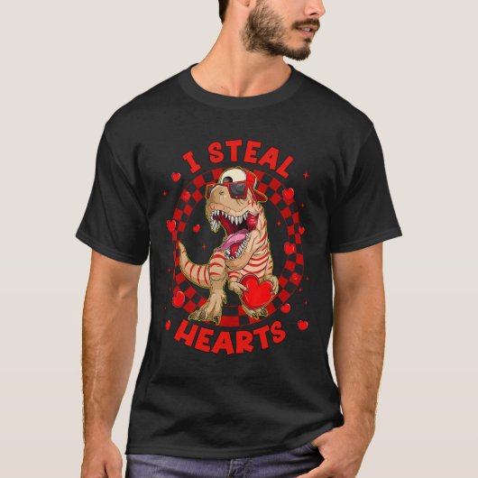Happy Valentine I Steal Hearts Trex Funny Dinosaur Tシャツ (正面)