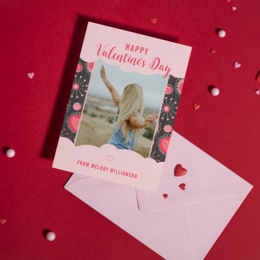 Happy Valentines お洒落赤いハート花名 シーズンポストカード