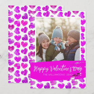 Happy Valentines モダン Purple Pinkハート写真 シーズンカード