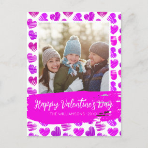 Happy Valentines モダン Purple Pinkハート写真 シーズンポストカード