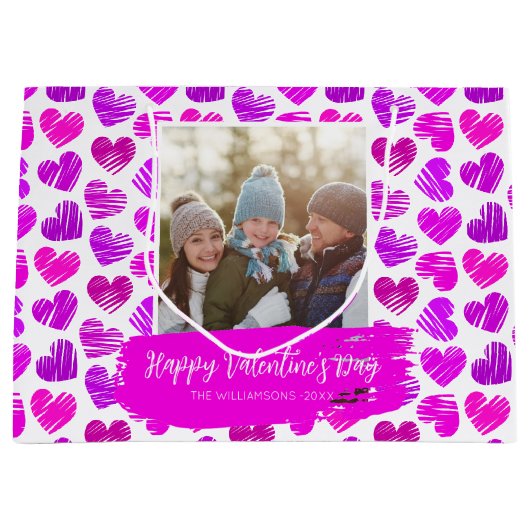 Happy Valentines モダン Purple Pinkハート写真 ラージペーパーバッグ (正面)