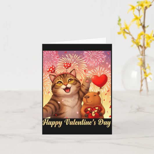 Happy Valentines 2026 Cute Cat Capybara Party Art  カード (黄色い花)