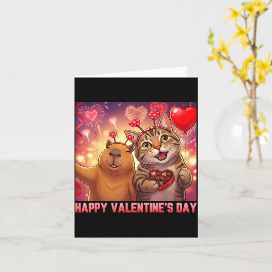 Happy Valentines 2026 Cute Cat Capybara Party Art  カード (黄色い花)