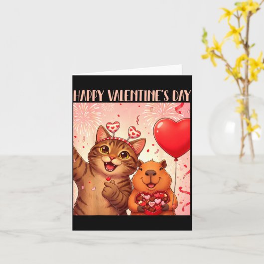 Happy Valentines 2026 Cute Cat Capybara Party Art  カード (黄色い花)