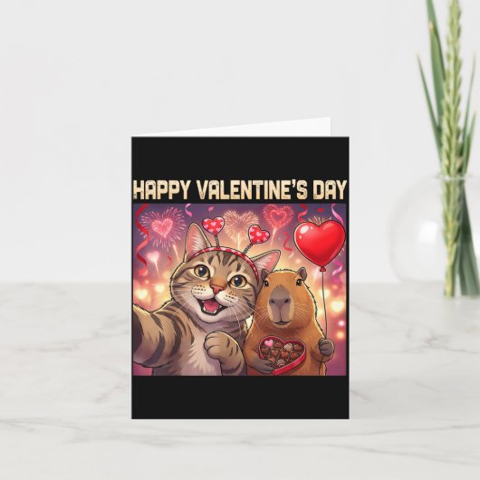 Happy Valentines 2026 Cute Cat Capybara Party Art  カード (正面)