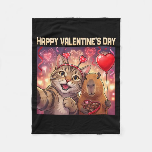 Happy Valentines 2026 Cute Cat Capybara Party Art  フリースブランケット (正面)