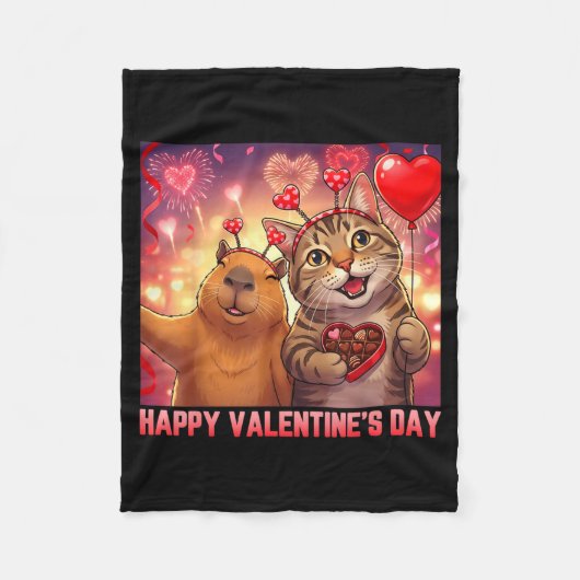 Happy Valentines 2026 Cute Cat Capybara Party Art  フリースブランケット (正面)