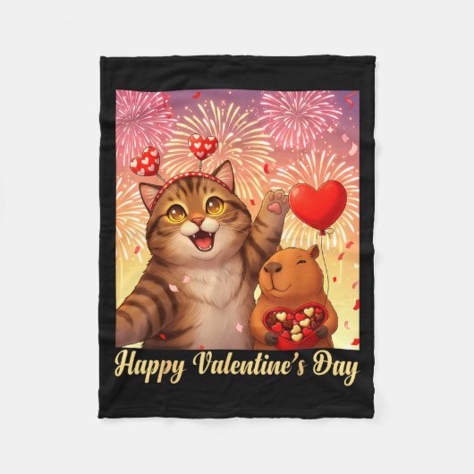Happy Valentines 2026 Cute Cat Capybara Party Art  フリースブランケット (正面)