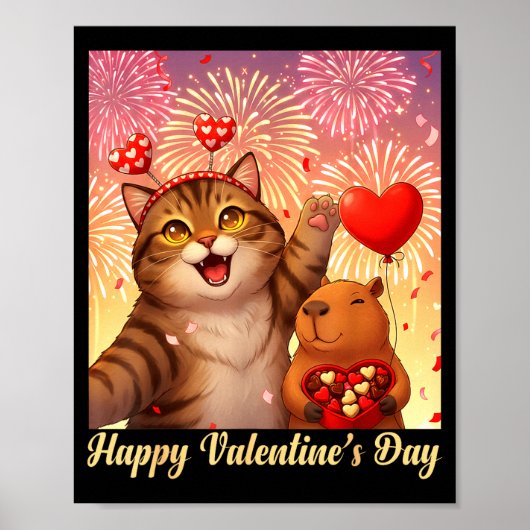 Happy Valentines 2026 Cute Cat Capybara Party Art ポスター (正面)
