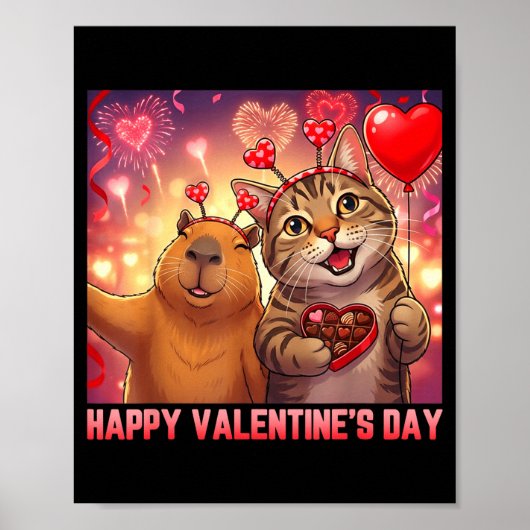Happy Valentines 2026 Cute Cat Capybara Party Art  ポスター (正面)