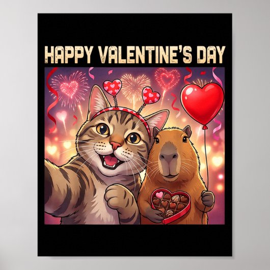 Happy Valentines 2026 Cute Cat Capybara Party Art ポスター (正面)