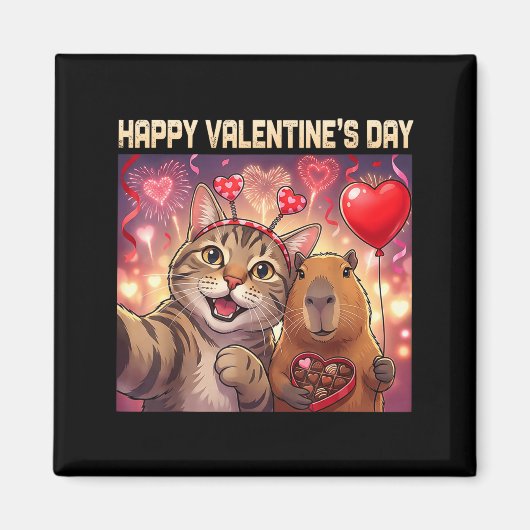 Happy Valentines 2026 Cute Cat Capybara Party Art マグネット (正面)