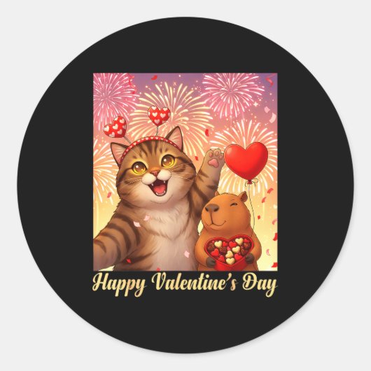 Happy Valentines 2026 Cute Cat Capybara Party Art  ラウンドシール (正面)