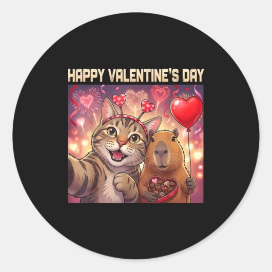 Happy Valentines 2026 Cute Cat Capybara Party Art  ラウンドシール (正面)