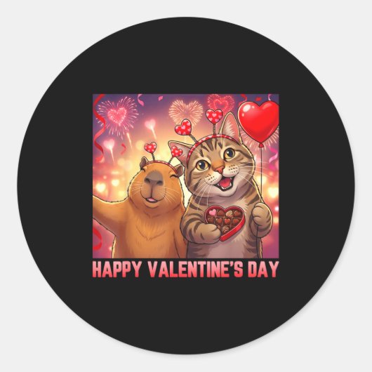 Happy Valentines 2026 Cute Cat Capybara Party Art  ラウンドシール (正面)