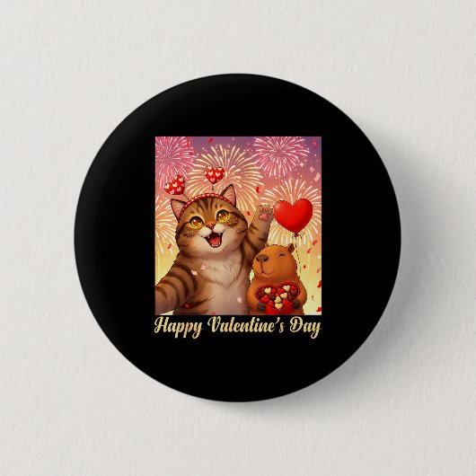 Happy Valentines 2026 Cute Cat Capybara Party Art  缶バッジ (正面)