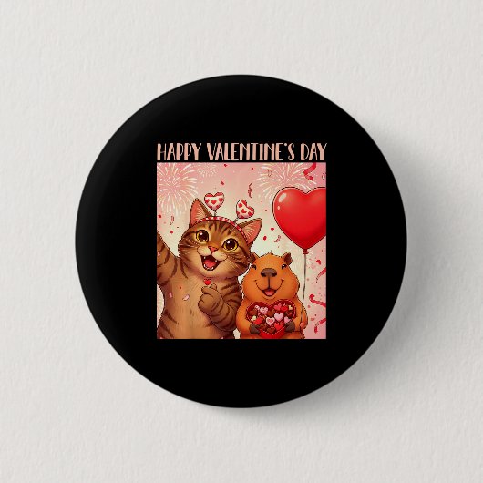 Happy Valentines 2026 Cute Cat Capybara Party Art  缶バッジ (正面)