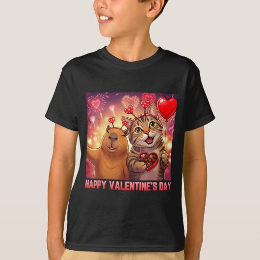 Happy Valentines 2026 Cute Cat Capybara Party Art  Tシャツ (正面)