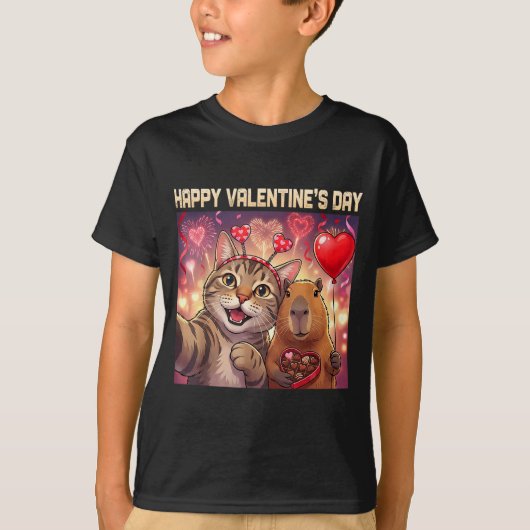 Happy Valentines 2026 Cute Cat Capybara Party Art  Tシャツ (正面)