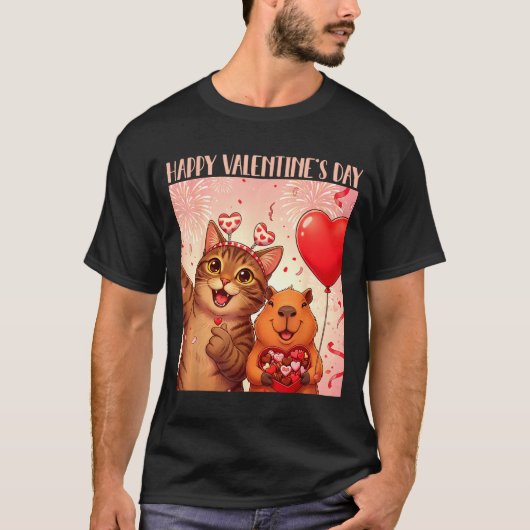 Happy Valentines 2026 Cute Cat Capybara Party Art  Tシャツ (正面)