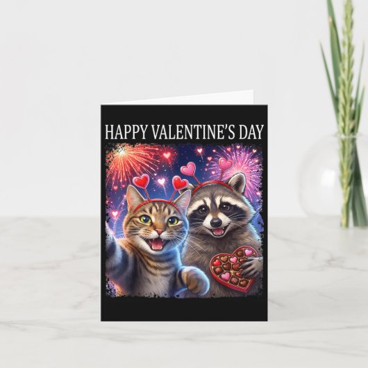 Happy Valentines 2026 Cute Cat Raccoon Party Art  カード (正面)